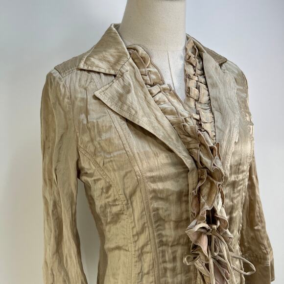 Javier Simorra Silk Jacket Tan Neutral Long Sleeves Ruffles - Picture 2 of 8